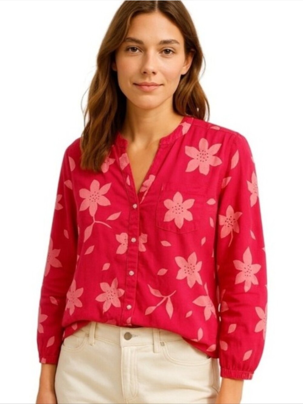 Free Assembly Split Neck Blouse Pink Floral Cotton Long Sleeve Button Front Sm